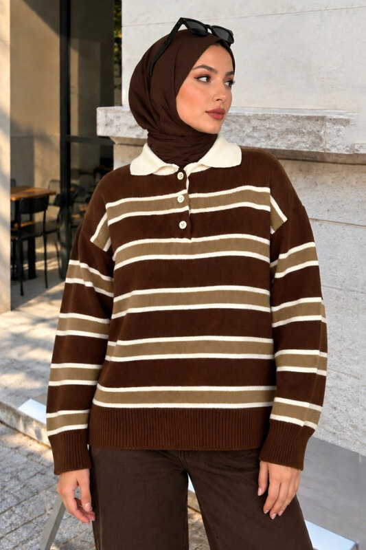 Yarım Düğmeli Çizgili Polo Yaka Kazak TSD260380 Kahverengi - 3