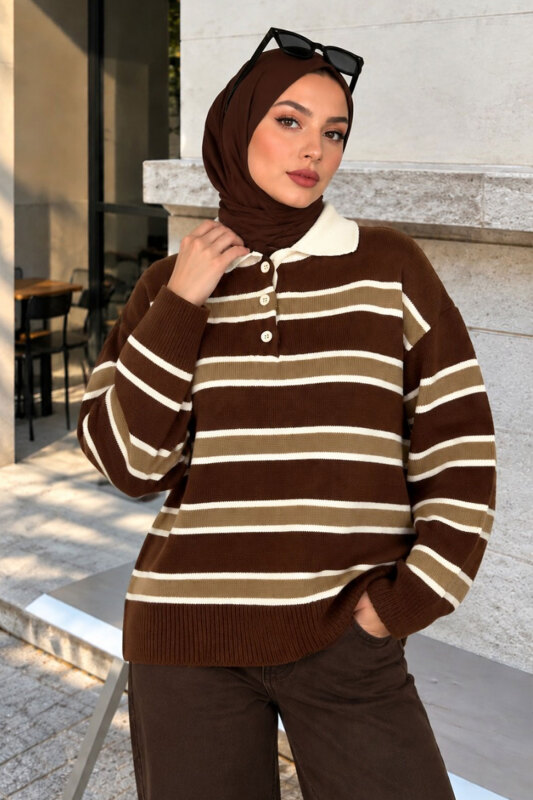 Yarım Düğmeli Çizgili Polo Yaka Kazak TSD260380 Kahverengi - 4