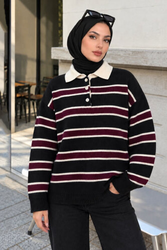 Yarım Düğmeli Çizgili Polo Yaka Kazak TSD260380 Lacivert 
