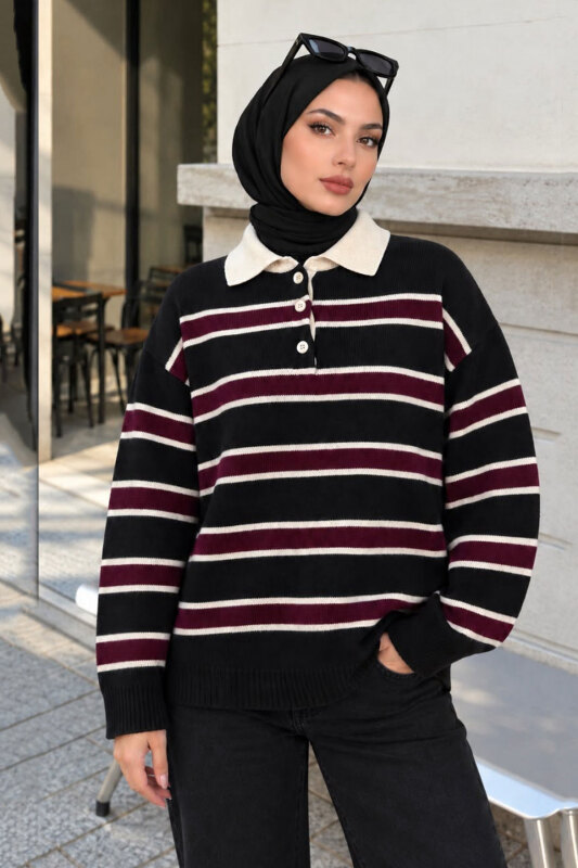 Yarım Düğmeli Çizgili Polo Yaka Kazak TSD260380 Lacivert - Tesettür Dünyası