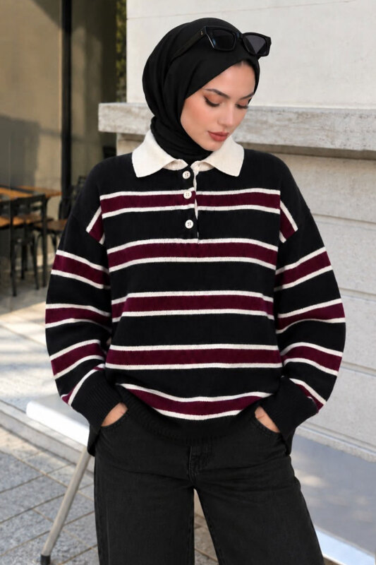 Yarım Düğmeli Çizgili Polo Yaka Kazak TSD260380 Lacivert - 4