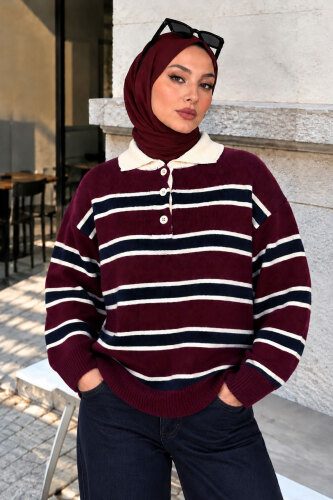 Yarım Düğmeli Çizgili Polo Yaka Kazak TSD260380 Mürdüm - 4