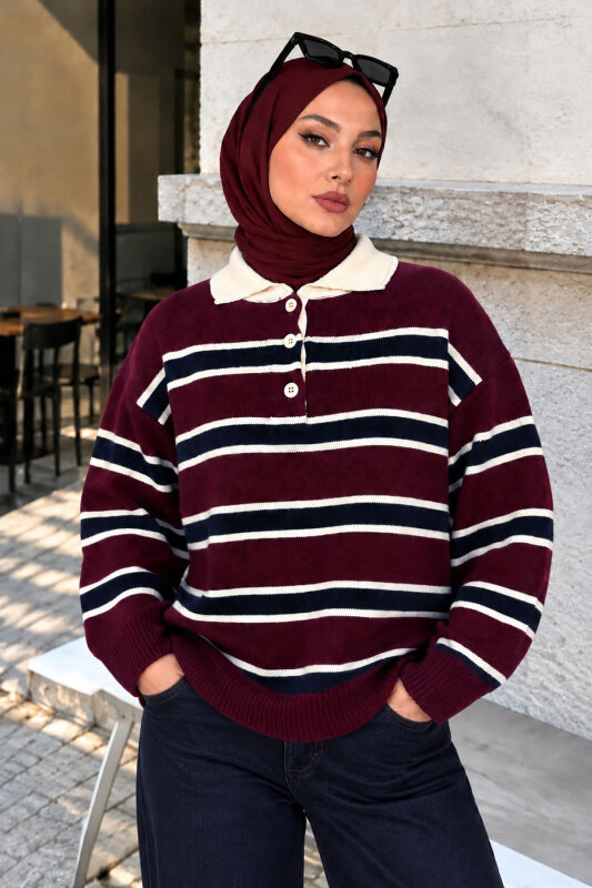 Yarım Düğmeli Çizgili Polo Yaka Kazak TSD260380 Mürdüm - 4