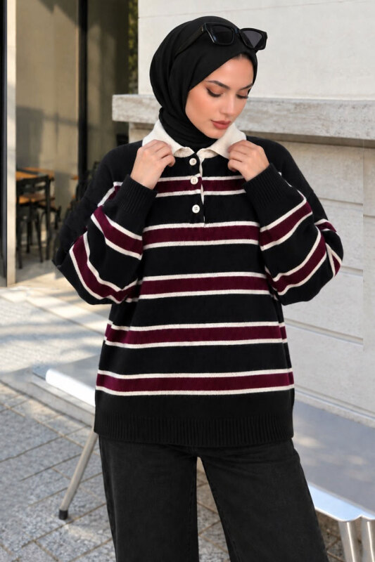 Yarım Düğmeli Çizgili Polo Yaka Kazak TSD260380 Siyah - Tesettür Dünyası