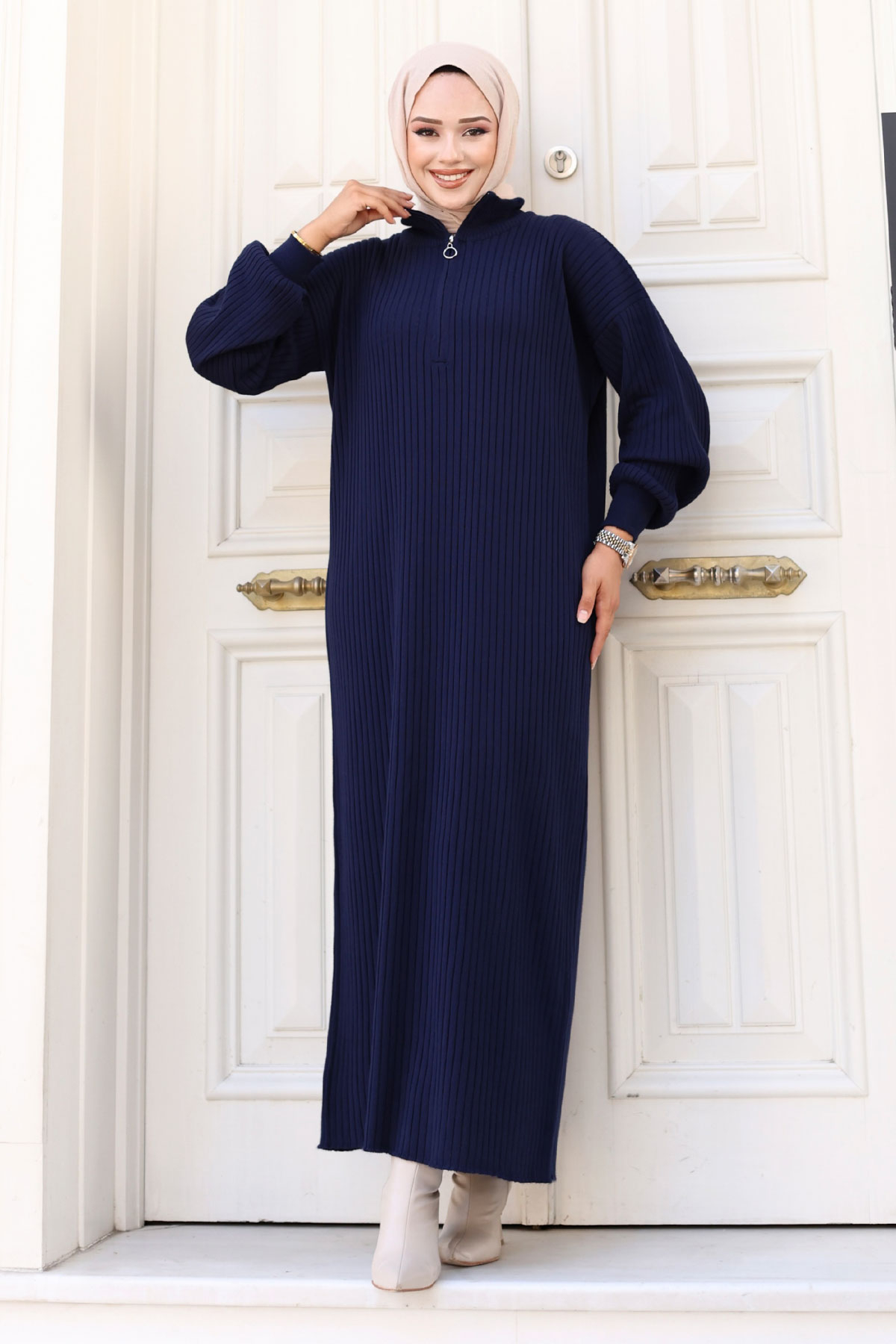 Yarım Fermuarlı Triko Elbise TSD240715 Lacivert