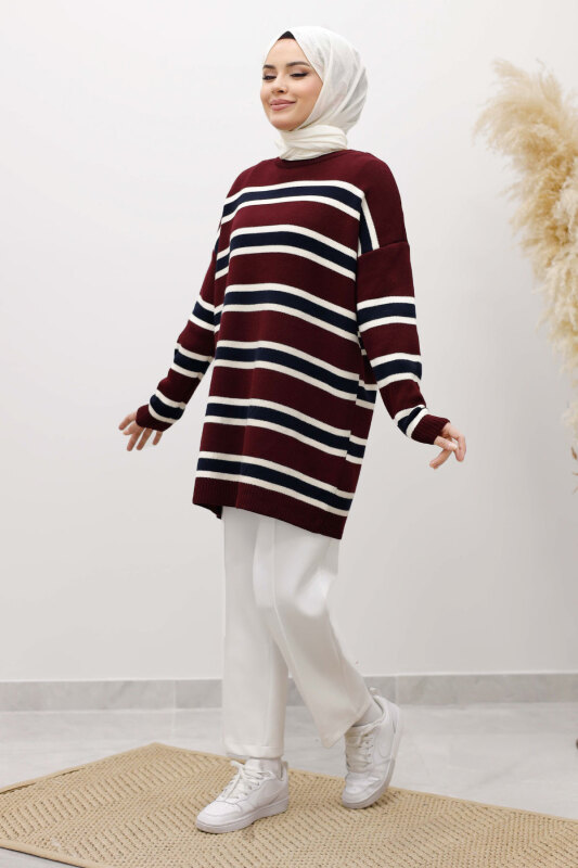 Yatay Çizgi Detaylı Triko Tunik TSD260108 Bordo - 5