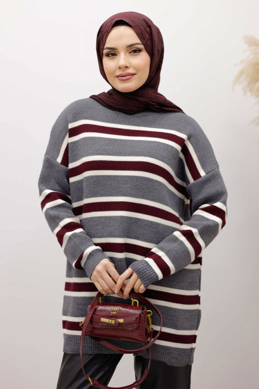 Yatay Çizgi Detaylı Triko Tunik TSD260108 Füme - 2