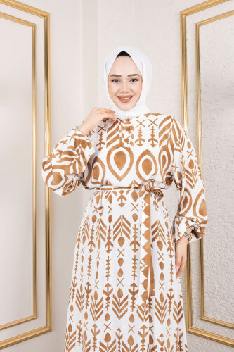 Damla Desenli Viskon Elbise TSD250140 Camel - 2