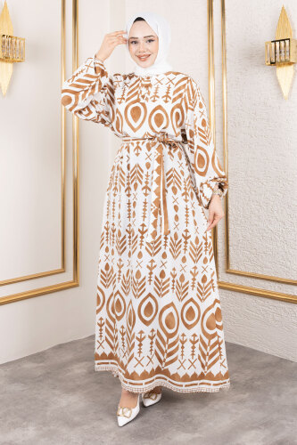 Damla Desenli Viskon Elbise TSD250140 Camel - 4