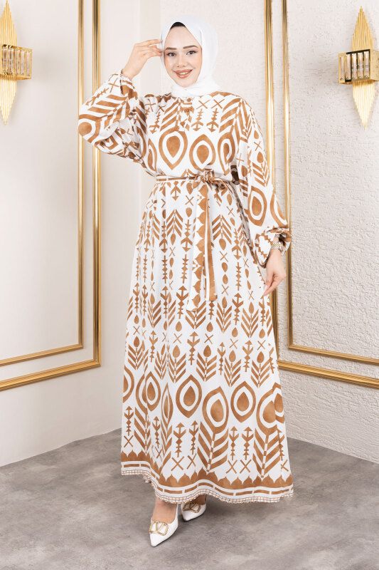 Damla Desenli Viskon Elbise TSD250140 Camel - 4
