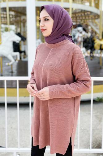 Yırtmaç Detaylı Kazak TSD220716 Gül Kurusu - Tesettür Dünyası (1)