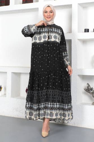 Yonca Desenli Elbise TSD230410 Siyah 