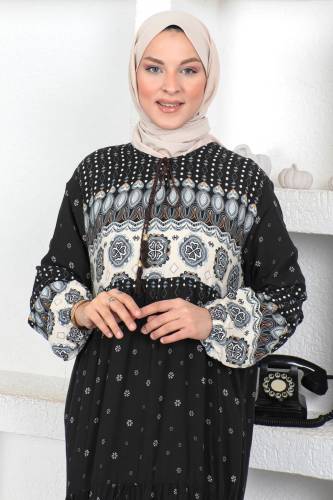 Yonca Desenli Elbise TSD230410 Siyah - Tesettür Dünyası (1)