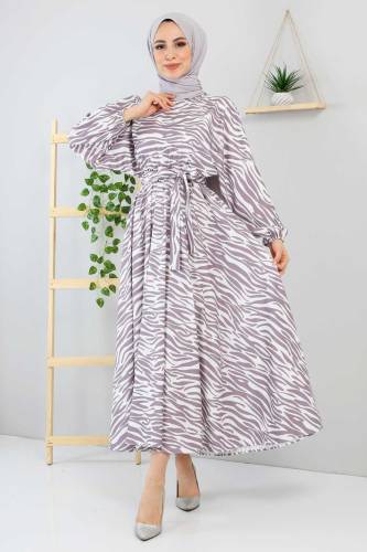 Zebra Desenli Elbise TSD220113 Gri - Tesettür Dünyası