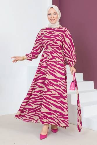 Zebra Desenli Elbise TSD230624 Fuşya - 5