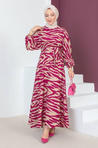Zebra Desenli Elbise TSD230624 Fuşya 