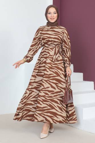 Zebra Desenli Elbise TSD230624 Kahverengi 