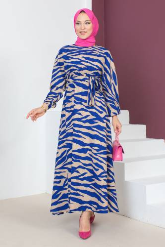 Zebra Desenli Elbise TSD230624 Mavi 