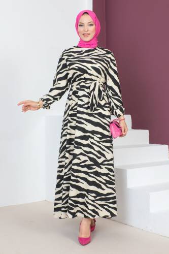 Zebra Desenli Elbise TSD230624 Siyah 