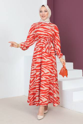 Zebra Desenli Elbise TSD230624 Turuncu 