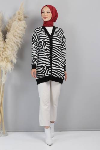 Zebra Desenli Triko Hırka TSD220713 Siyah - Tesettür Dünyası (1)