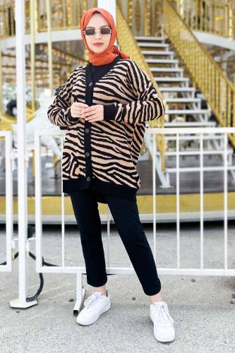 Zebra Desenli Triko Hırka TSD220713 Vizon - Tesettür Dünyası (1)