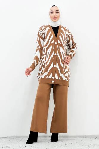 Zebra Desenli Triko Takım TSD221009 Kahverengi - Tesettür Dünyası (1)