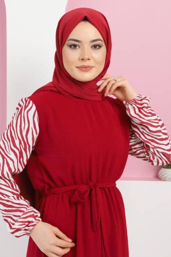 Zebra Detaylı Elbise TSD220326 Bordo - Tesettür Dünyası (1)