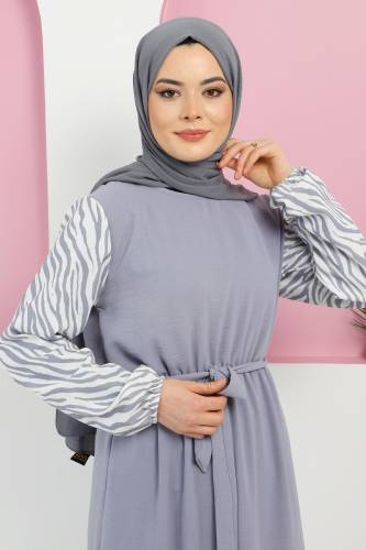 Zebra Detaylı Elbise TSD220326 Gri - Tesettür Dünyası (1)