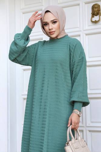 Zikzak Desenli Triko Elbise TSD240215 Mint Yeşili - Tesettür Dünyası (1)