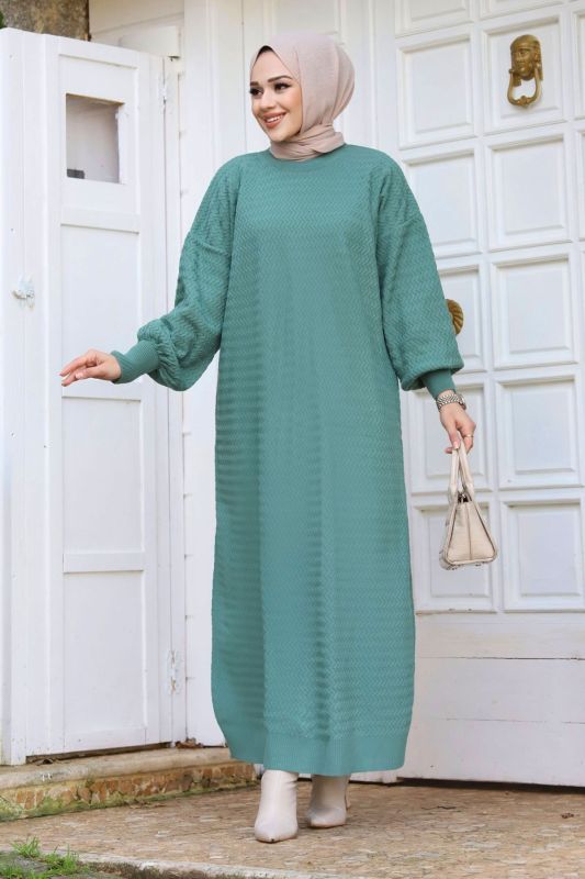 Zikzak Desenli Triko Elbise TSD240215 Mint Yeşili - 1