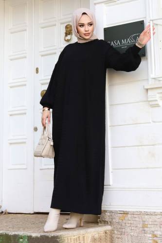 Zikzak Desenli Triko Elbise TSD240215 Siyah - 3