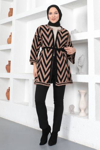 Zikzak Desenli Triko Hırka TSD230349 Camel - Tesettür Dünyası (1)