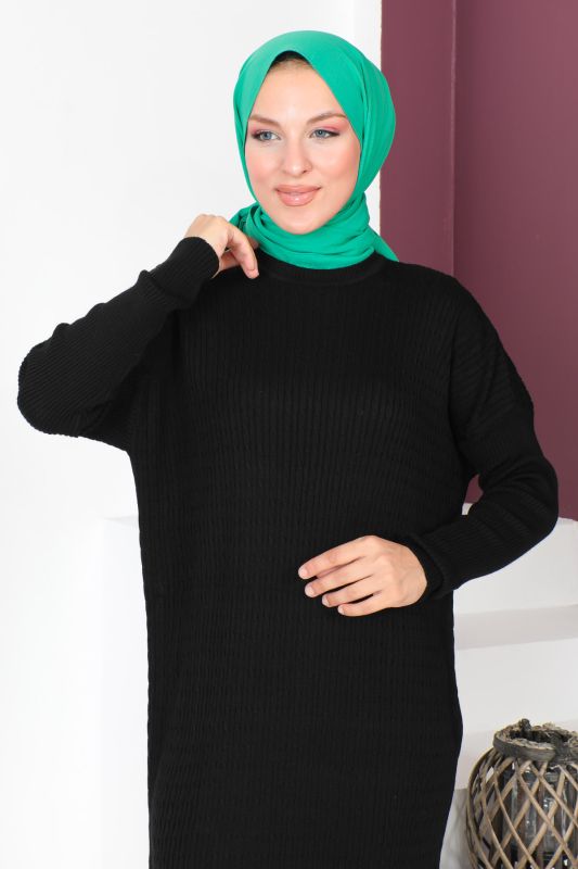 Zincir Desenli Triko Elbise TSD230714 Siyah - 2