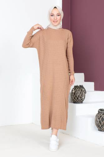 Zincir Desenli Triko Elbise TSD230714 Vizon 