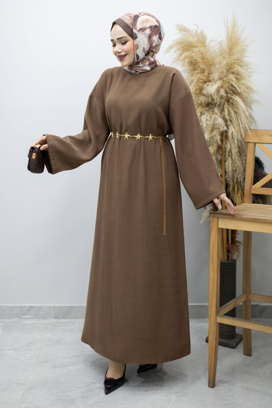 Zincir Kemerli Elbise TSD260191 Kahverengi - 4