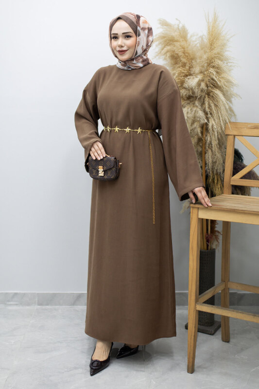Zincir Kemerli Elbise TSD260191 Kahverengi - 6