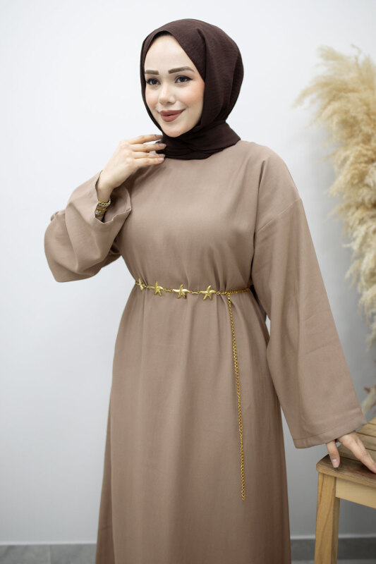 Zincir Kemerli Elbise TSD260191 Vizon - 3