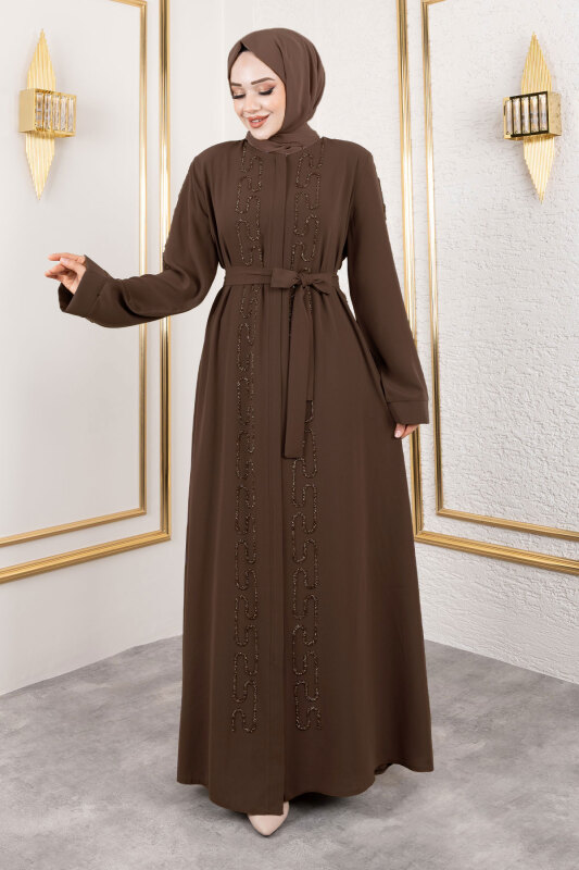 Zincir Taş Detaylı Abaya TSD250126 Kahverengi - 1