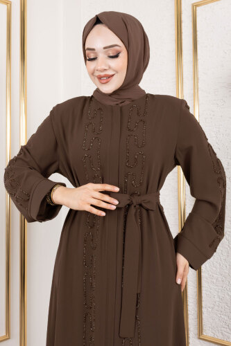 Zincir Taş Detaylı Abaya TSD250126 Kahverengi - Tesettür Dünyası (1)