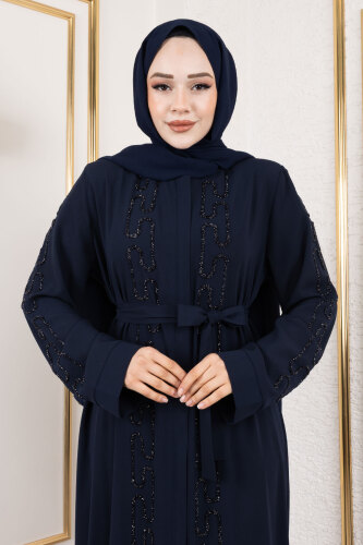 Zincir Taş Detaylı Abaya TSD250126 Lacivert - Tesettür Dünyası (1)