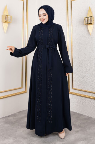 Zincir Taş Detaylı Abaya TSD250126 Lacivert 
