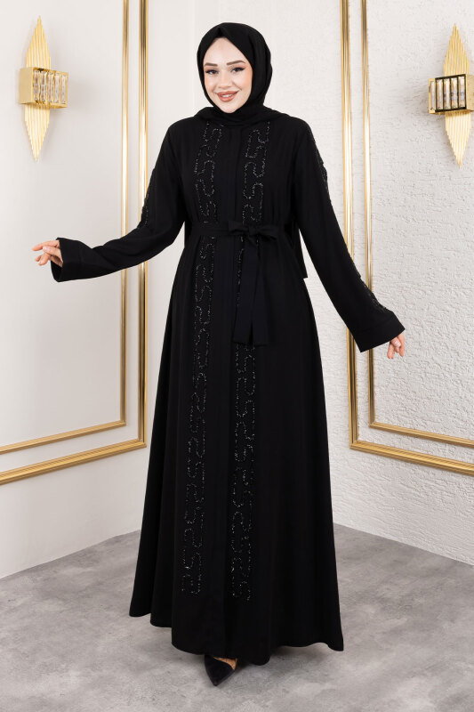 Zincir Taş Detaylı Abaya TSD250126 Siyah - Tesettür Dünyası