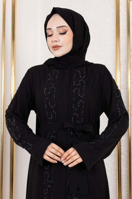 Zincir Taş Detaylı Abaya TSD250126 Siyah - Tesettür Dünyası (1)